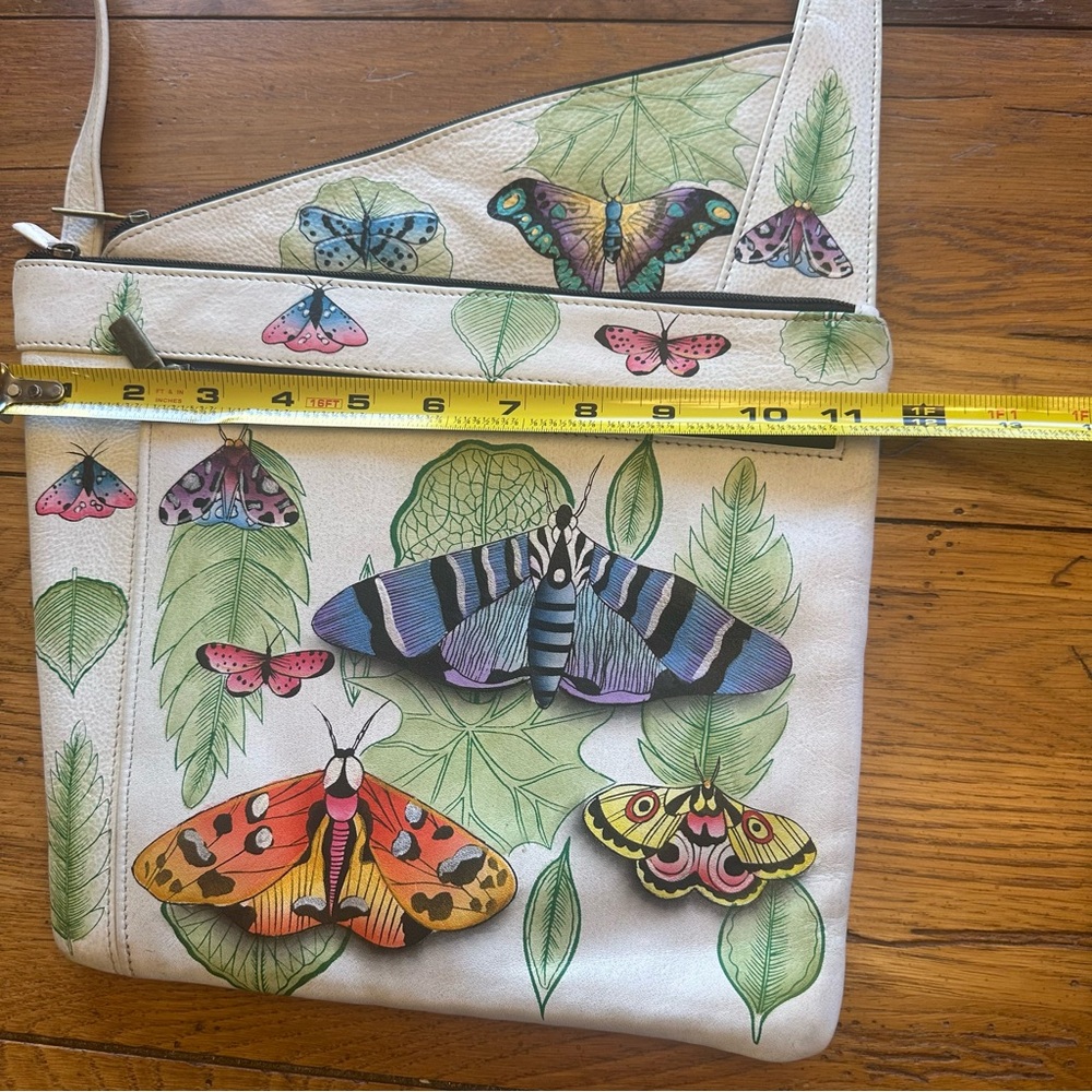 ANUSCHKA Leather Hand Painted Asymmetric Slim Crossbody Bag Butterfly Moth Print - Picture 5 of 12